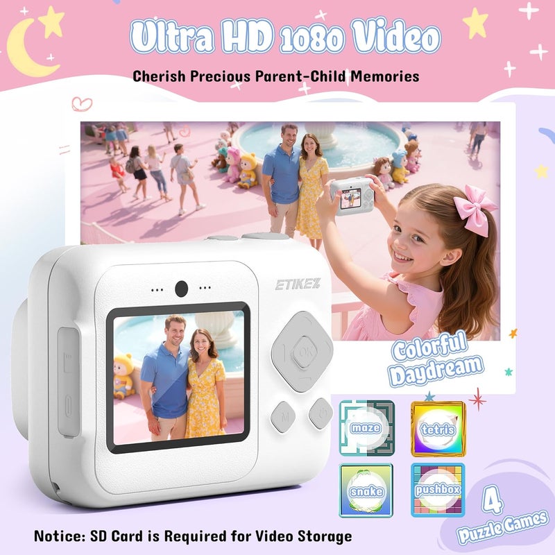 ETIKEZ Kids Camera, 1080P Instant Digital Print Camera for Kids, Christmas Birthday Gifts for 4 5 6 7 8 9 10 Year Old Girls Boys, Portable Toy with 32GB SD Card & 3 Rolls Printing Paper, White - Image 4